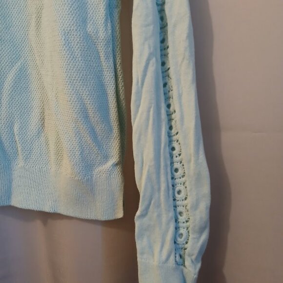 ANN TAYLOR LOFT Crochet Sweater Top XS Light Blue Eyelet shell sleeve Crew neck - Picture 3 of 7
